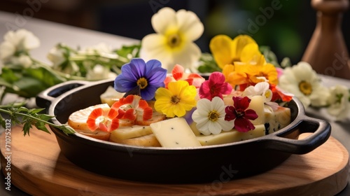  a pan filled with cheese and flowers on top of a wooden cutting board on top of a wooden cutting board.