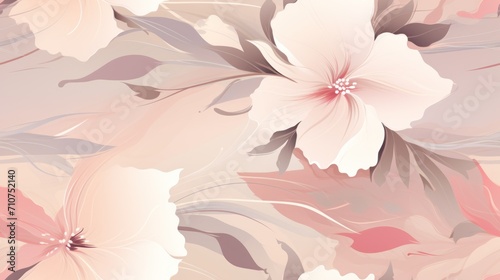  a close up of a flower wallpaper with pink and white flowers on a light pink background with leaves and petals.