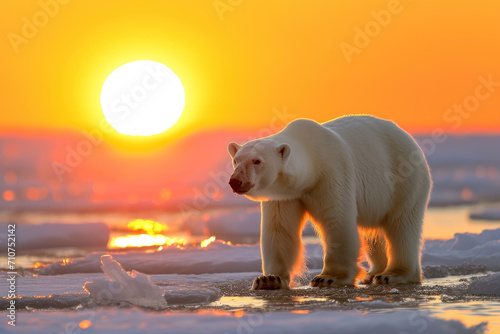 side way Polar bear walks on snow during sunrise