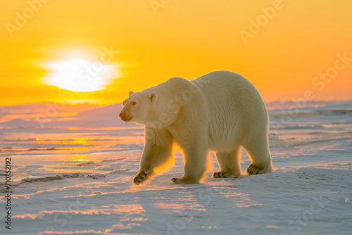 side way Polar bear walks on snow during sunrise