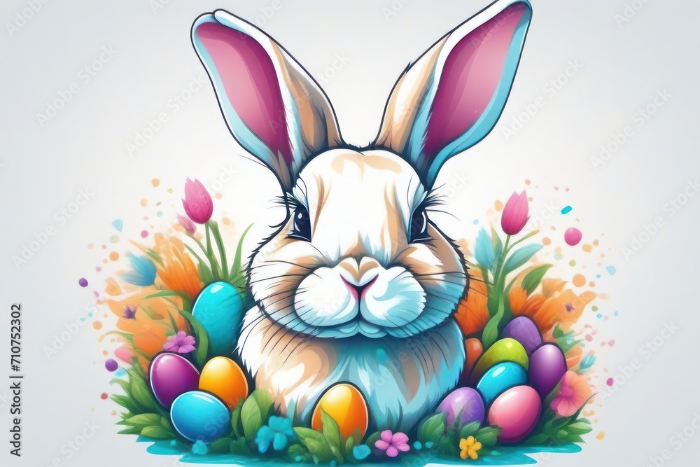 Sweet rabbit surrounded by vibrant flowers and festive eggs in watercolor style.