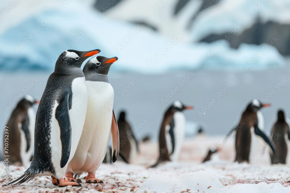 Fototapeta premium Two penguins standing together and a flock of penguins in the background and an iceberg