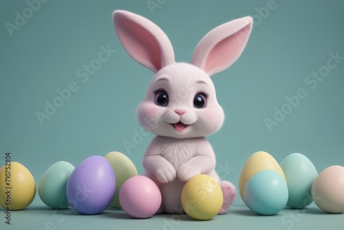 Cute Easter rabbit character in a joyful scene with colorful eggs .