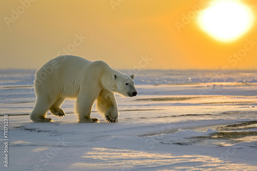 side way Polar bear walks on snow during sunrise © EmmaStock