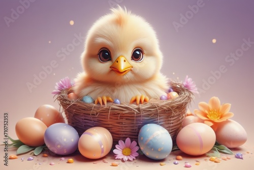 Easter scene with a fluffy cartoon chick in basket with Easter pastel tone eggs and spring flowers on bright background.