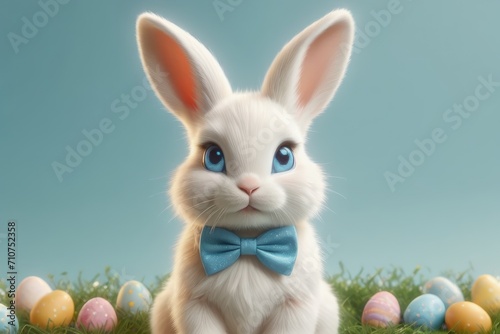 Charming bunny with blue bow tie portrait illustration with whimsical Easter egg designs. © JuLady_studio