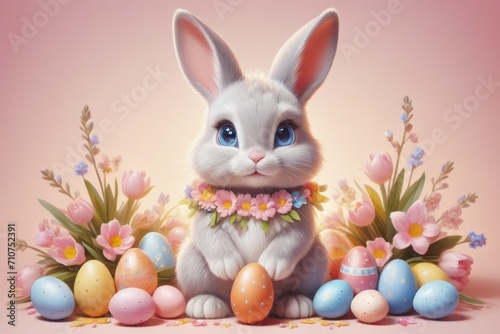 Cute Easter bunny  cartoon character surrounded by lively field flowers and eggs in pastel colors.