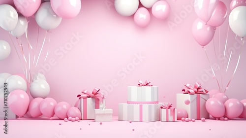 White balloons, yellow balloons, pink balloons and light blue balloons, gift boxes, for parties, birthdays, new year,