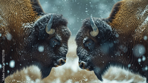Close-up Bison are colliding in a snowy meadow photo