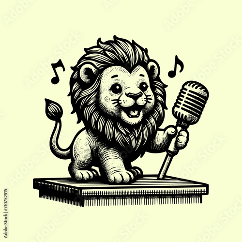 a cute baby tiger holding microphone and singing standing on a podium