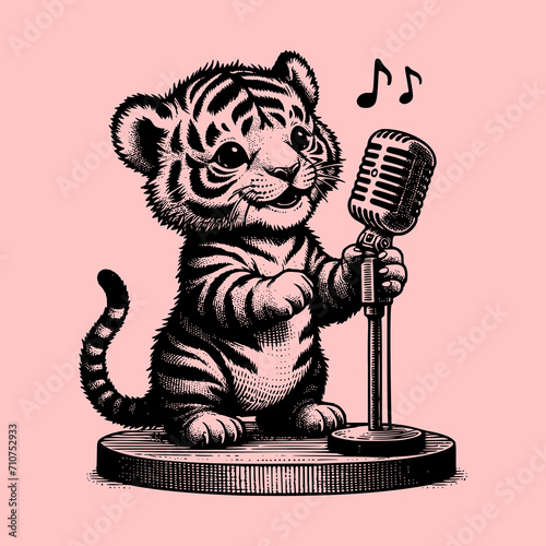 a cute baby tiger holding microphone and singing standing on a podium