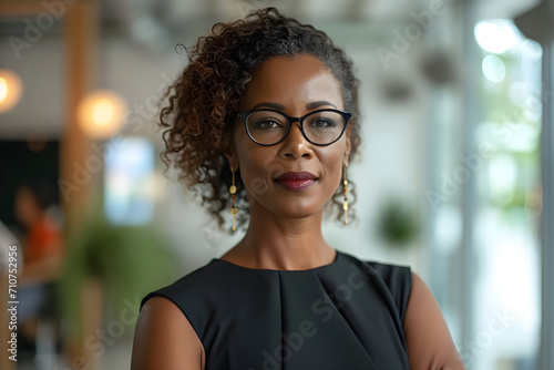 A stylish middle-aged African-American woman in glasses and a black dress  poses in an office, looking at colleagues and smiling. © Jhon