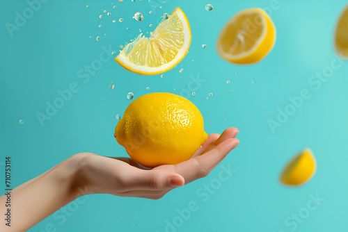 juicy lemons whole and half in female hands on a blue background Hand holding lime. Several views of fresh citrus isolated on blue background. photo
