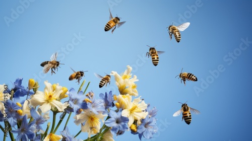  a bunch of bees flying over a bunch of bluebells and daffodils in front of a blue sky. © Anna