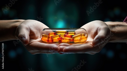  a person holding a glass jar filled with yellow and red capsules in their hands, against a dark background.