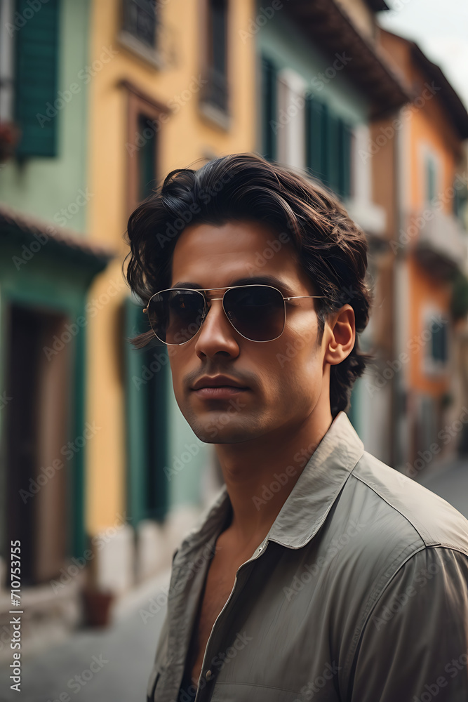 Man Wearing Sunglasses Standing in Front of a Building. Generative AI. Man Wearing Sunglasses Standing in Front of a Building. Generative AI.