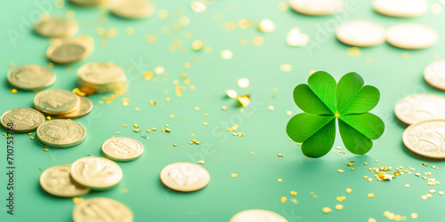Happy Saint Patrick's Day holiday background with traditional symbols. St Patrick's Day shamrock and golden coins on tender blue background with confetti and bokeh effect