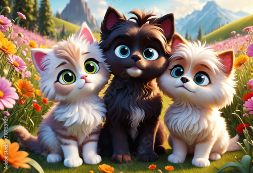 Cute and adorable little fluffy cats on meadow. Generative AI