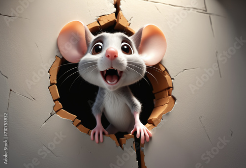 Funny mouse popping out from wall hole. Generative AI