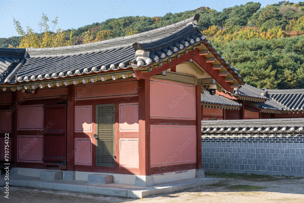 Hwaseong Haenggung, temporary palace where the king used to stay when he traveled outside of Seoul, South Korea. with the autumn nature background. It is famous as K-drama filming location. Hwaseong Haenggung, temporary palace where the king used to stay when he traveled outside of Seoul, South Korea. with the autumn nature background. It is famous as K-drama filming location.