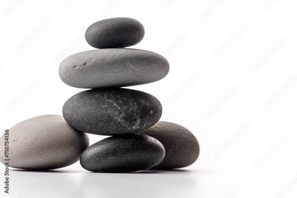 Smooth grey stones balanced in a stack with sea pebbles, isolated on white background. Generative AI Smooth grey stones balanced in a stack with sea pebbles, isolated on white background. Generative AI