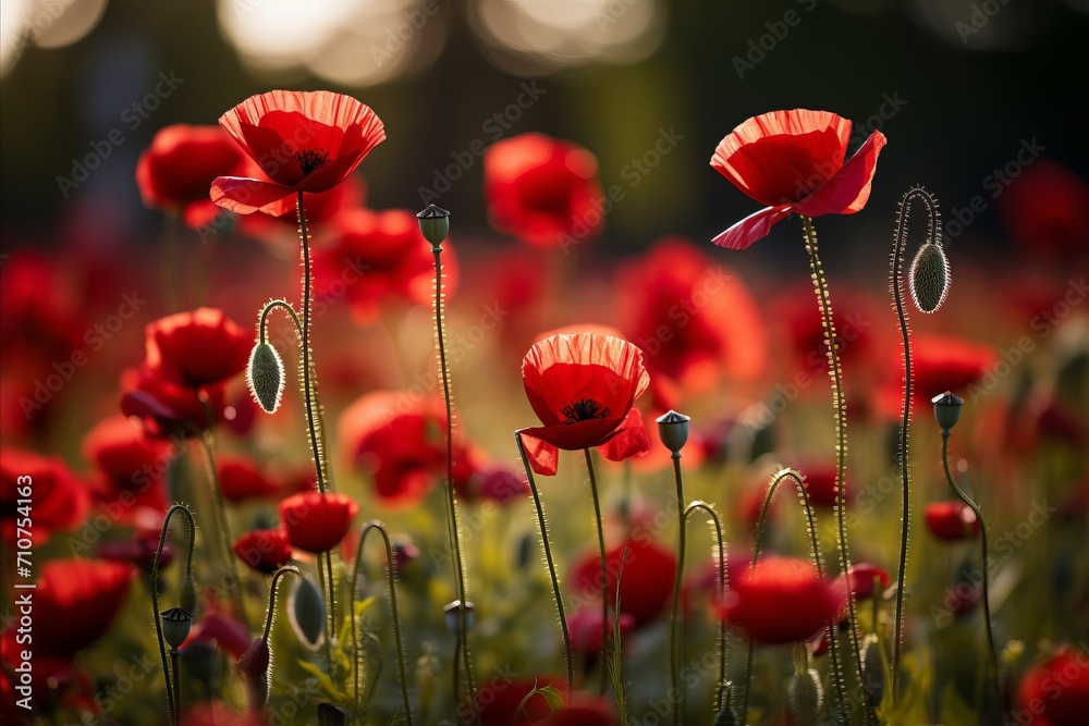 Fototapeta premium Vibrant poppy flowers on a soft bokeh background with ample copy space for text placement