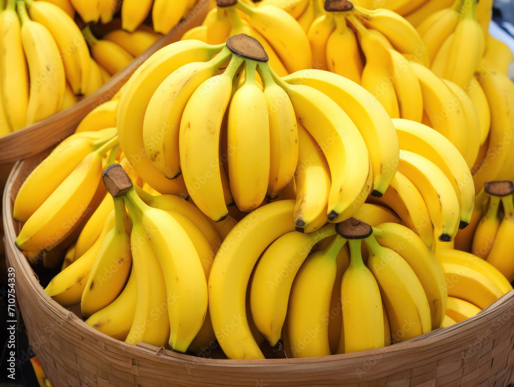 Colorful, Fresh Fruits: A Juicy, Delicious Bunch of Ripe, Yellow Bananas on a Tropical, Organic Background.