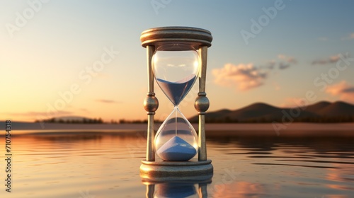  an hourglass sitting in the middle of a body of water with a sunset in the background and clouds in the sky.