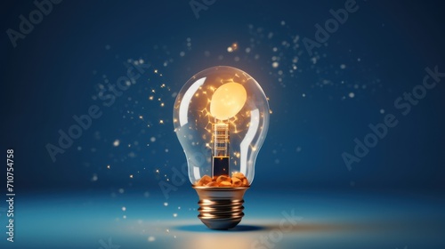  a light bulb with a glowing light inside of it on a blue surface with a small amount of light coming out of it.