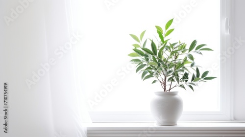  a potted plant sitting on a window sill in front of a window sill with sunlight coming through the window. © Anna