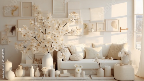  a living room with a white couch and a white vase with flowers in it and a bunch of framed pictures on the wall. photo