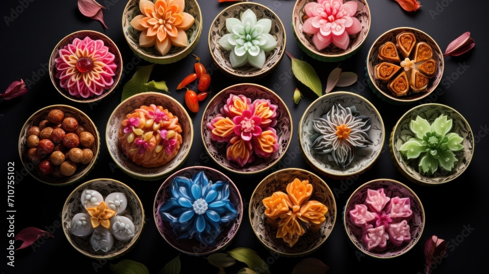 a group of small bowls filled with different types of flowers on top of a black table next to each other. a group of small bowls filled with different types of flowers on top of a black table next to each other.