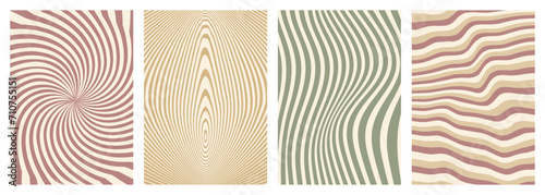 Twisted and distorted vector groovy hippie background. Waves, swirl, twirl pattern. Set of backgrounds in trendy retro psychedelic style. Vector illustration