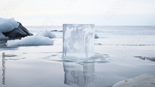  a block of ice floating on top of a body of water next to a beach covered in icebergs. © Anna