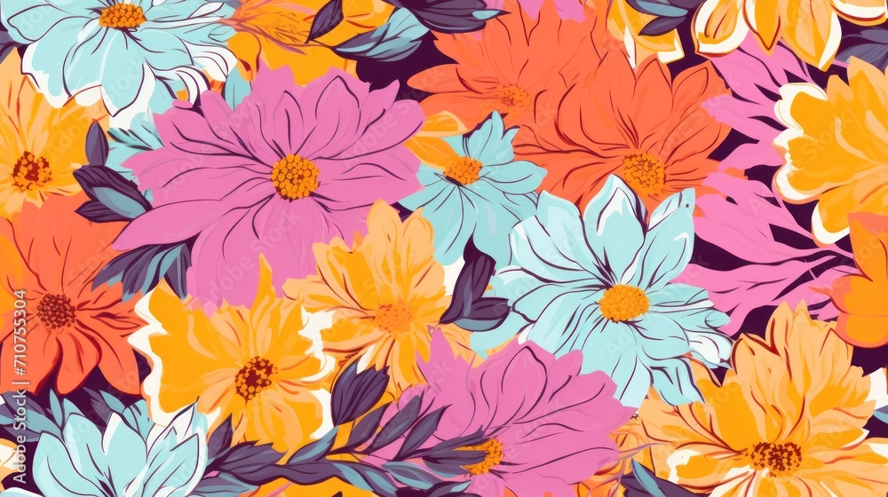  a bunch of colorful flowers that are on a blue and pink background with orange, pink, and white flowers.