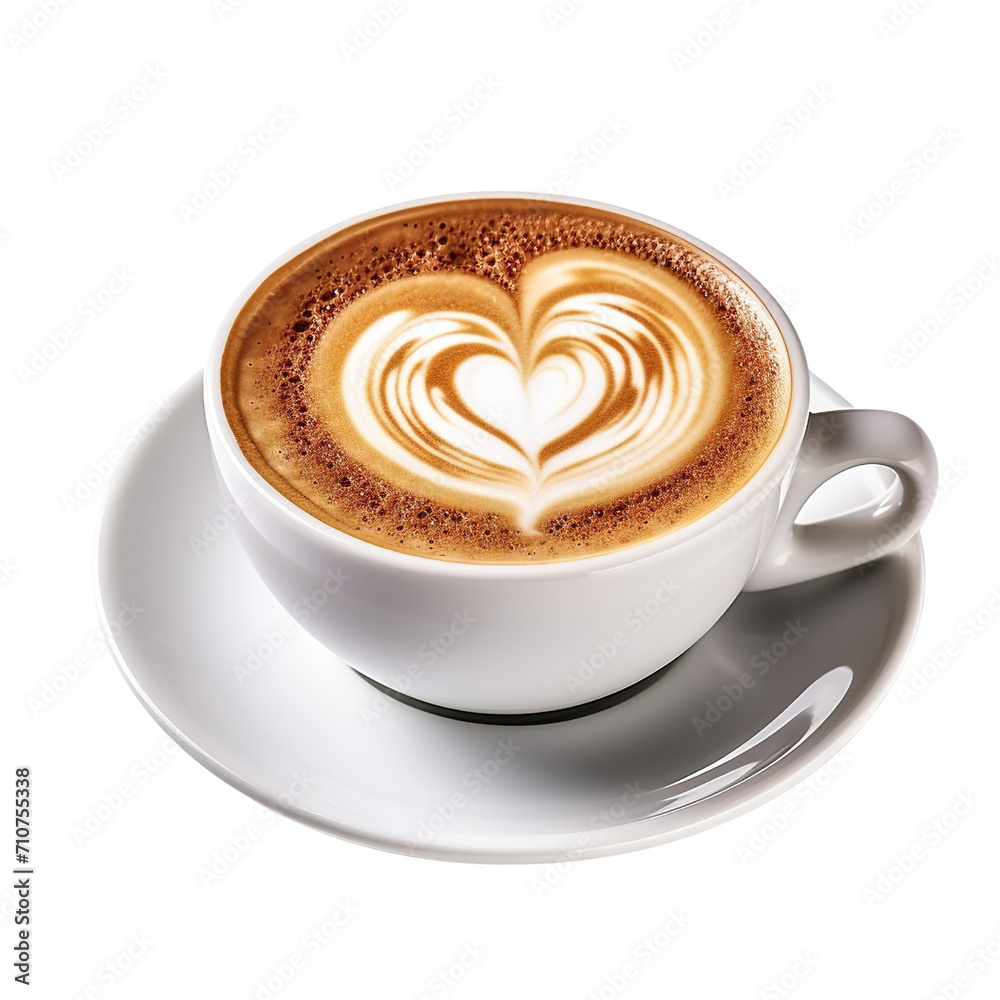 Hot coffee latte with heart shaped latte art milk foam isolated on transparent or white background Hot coffee latte with heart shaped latte art milk foam isolated on transparent or white background