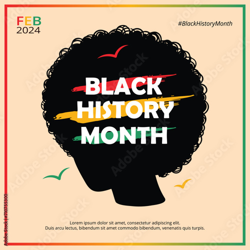 Black History Month Illustration Social Media Post Template for Banner, poster, flyer. African Girl Flat silhouette vector Black History Flag.