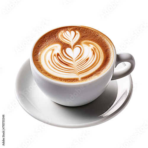 Hot coffee latte with heart shaped latte art milk foam isolated on transparent or white background