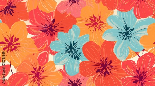  an image of a bunch of flowers on a white background with orange, pink, and blue flowers on it.