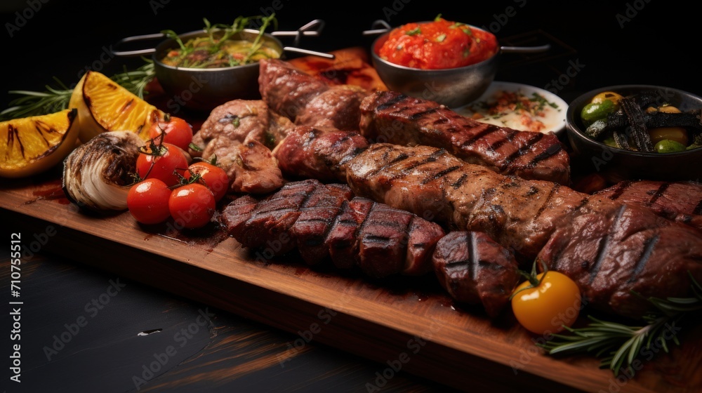  a wooden cutting board topped with lots of meat and veggies next to bowls of sauces and condiments.
