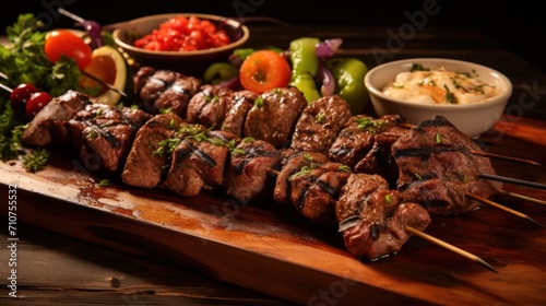  a wooden cutting board topped with skewers of meat and veggies next to a bowl of rice.