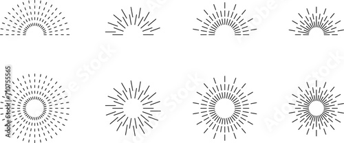 Vintage sunburst set. Bursting rays sunrise firework starburst blast, Radiant Spark. Rays. Geometric Design Elements. Retro radiant sunburst, starburst hand drawn label, sun rays. Vector