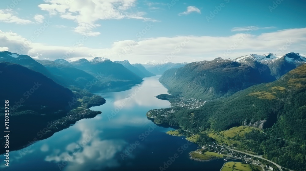  an aerial view of a body of water surrounded by mountains and a town on the other side of the lake.