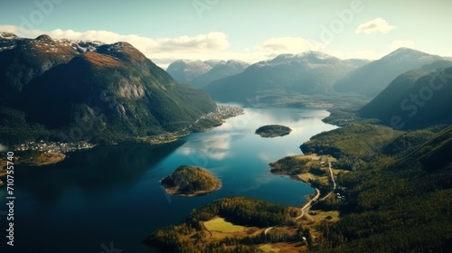  a large body of water surrounded by a lush green forest covered mountain range under a blue sky with white clouds.