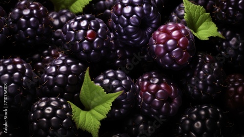  a close up of a bunch of blackberries with green leaves on the top and bottom of the blackberries.