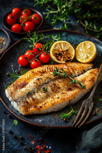 fried white fish on a plate. Selective focus.