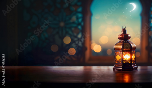 Ramadan Lantern on wooden table.Decoration lamp.
