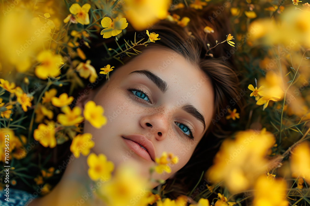 Petal Princess: A Stunning Image of a Beautiful Woman Reclining on the Ground with Spring Flowers