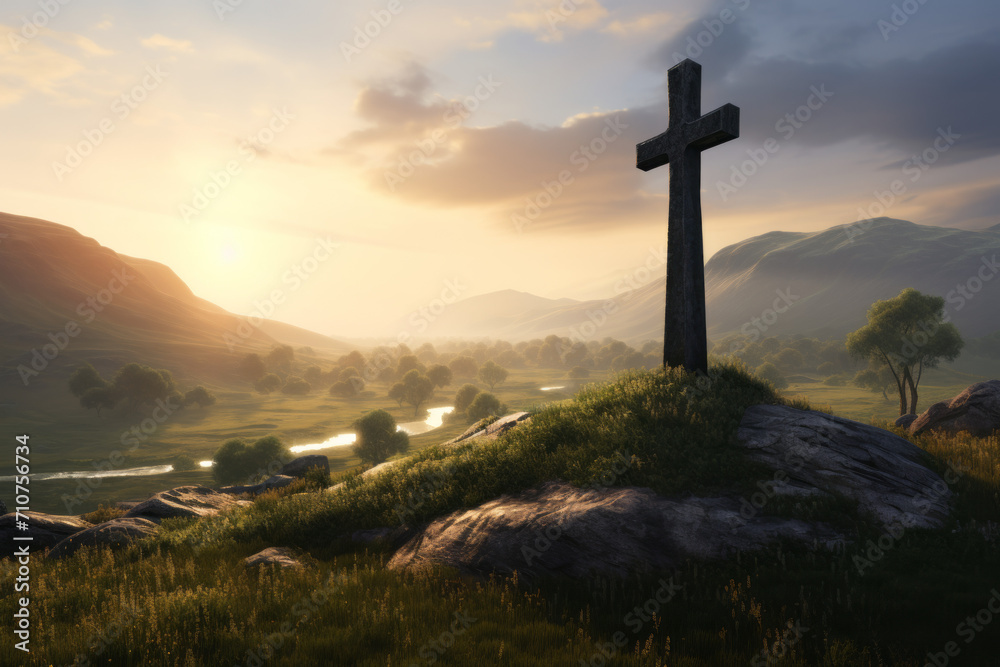 Old cross sits on a mound field at sunrise, traditional british landscapes, mountainous Scottish vistas. Celtic Religion, Historical Site - obrazy, fototapety, plakaty 