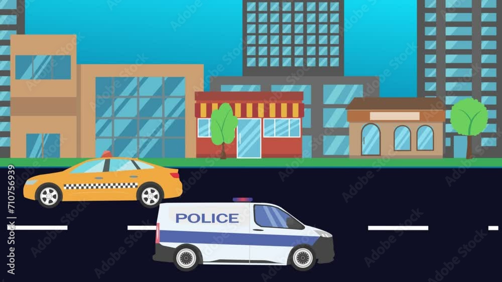 Running cars on the road in the the city, flat cartoon animation Running cars on the road in the the city, flat cartoon animation